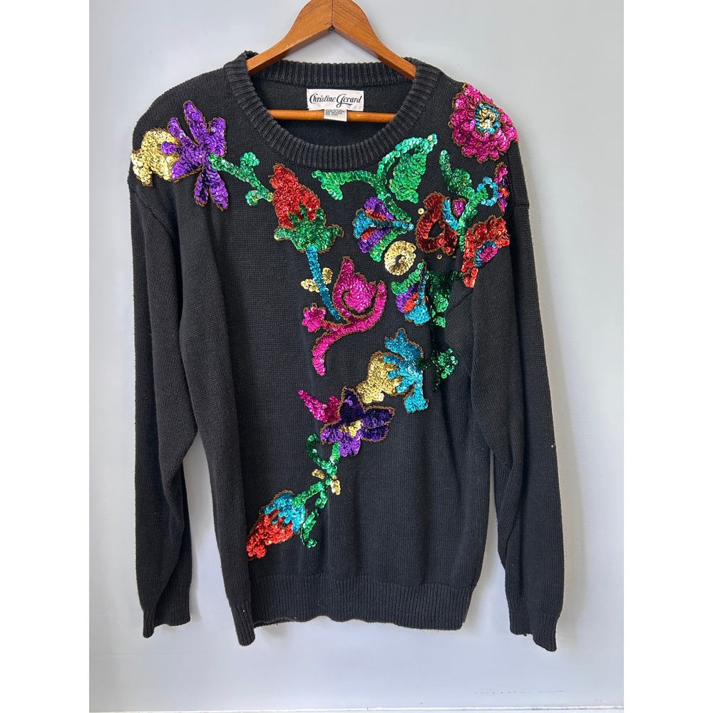 Christine Gerard Vintage Black Sequin Floral Knit Sweater Ramie Cotton Small